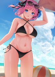 Rule 34 | 1girl, absurdres, arm up, armpits, ball, beach, beach umbrella, beachball, bikini, black bikini, black ribbon, blue eyes, blunt bangs, blush, breasts, butterfly hair ornament, cleavage, collarbone, eyebrows hidden by hair, eyewear on head, gluteal fold, go-toubun no hanayome, hair ornament, highres, hiyoku, large breasts, looking at viewer, multicolored nails, nail polish, nakano nino, navel, ocean, outdoors, panties, parted lips, pink hair, raised eyebrows, ribbon, side-tie panties, stomach, swimsuit, thick thighs, thighs, twintails, umbrella, underwear