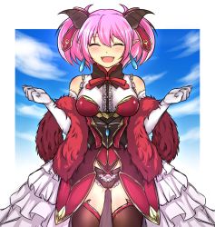 Rule 34 | 10s, 1girl, :d, ^ ^, armor, armored dress, bad id, bad pixiv id, bare shoulders, black panties, black thighhighs, blush, breasts, closed eyes, cowboy shot, demon girl, demon horns, earrings, elbow gloves, closed eyes, fang, faulds, feather boa, frilled skirt, frills, gloves, highres, horns, jewelry, lilim (shingeki no bahamut), open mouth, panties, pink hair, pointy ears, seta makoto, shingeki no bahamut, short twintails, showgirl skirt, skirt, smile, solo, thighhighs, twintails, underwear