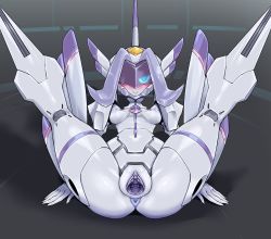 Rule 34 | 1girl, anus, blush, breasts, cervix, chlorophytum, closed mouth, colored skin, darling in the franxx, erect clitoris, folded, highres, kneepits, looking at viewer, nipples, one eye covered, pochincoff, purple hair, pussy, robot, small breasts, smile, solo, spread legs, spread pussy, uncensored, urethra, visor, white skin