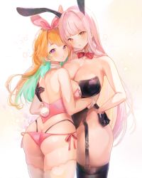 Rule 34 | 2girls, absurdres, animal ears, ass, black legwear, bow, bowtie, breasts, butt crack, cleavage, collar, corset, cuffs, from behind, garter straps, gloves, green hair, hair ribbon, hand on own hip, highres, hololive, hololive english, hug, large breasts, legs together, leotard, looking at viewer, modoki kuma, mori calliope, multicolored hair, multiple girls, orange hair, panties, pink hair, pink panties, playboy bunny, purple eyes, rabbit ears, rabbit tail, red eyes, ribbon, shiny skin, sleeve cuffs, tail, takanashi kiara, thick thighs, thighhighs, thighs, underwear, virtual youtuber, white thighhighs