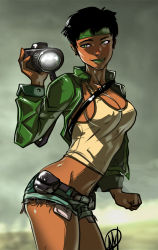 Rule 34 | 1girl, belt, beyond good and evil, black hair, breasts, camera, cleavage, clenched hand, covered erect nipples, crop top, cropped jacket, cutoffs, dark-skinned female, dark skin, earrings, ganassa, green eyes, green lips, headband, highres, jacket, jade, jewelry, large breasts, lipstick, makeup, midriff, navel, no bra, open clothes, open jacket, pouch, shiny skin, shirt, short hair, short shorts, shorts, sideboob, smile, solo, taut clothes, taut shirt