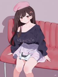 Rule 34 | 1girl, bench, beret, black sweater, breasts, brown eyes, brown hair, closed mouth, commission, grey skirt, hair ornament, hat, highres, large breasts, long hair, long sleeves, looking at viewer, miniskirt, off shoulder, original, pink hat, ryusei hashida, sitting, skirt, smile, solo, sweater