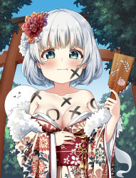 Rule 34 | &gt; &lt;, 1girl, :t, absurdres, alternate costume, animal print, bare shoulders, blush, body writing, breasts, cleavage, commentary request, day, floral print, flower, fur collar, green eyes, grey hair, hagoita, hair flower, hair ornament, hanetsuki, highres, holding, japanese clothes, kimono, konpaku youmu, konpaku youmu (ghost), looking at viewer, medium breasts, new year, off shoulder, outdoors, paddle, pegashi, pout, print kimono, rabbit print, short hair, solo, tearing up, torii, touhou, tree, upper body, wavy mouth, writing on breasts, writing on face