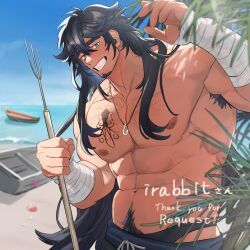 Rule 34 | 1boy, abs, armpit hair, bandaged arm, bandages, bara, beach, black male swimwear, black swim briefs, blue hair, blue pants, blue sky, boat, bulge, chest hair, chest tattoo, commission, dark blue hair, facial hair, fisherman, freckles, goatee, gradient hair, grin, harpoon, head tilt, holding, jewelry, large pectorals, long hair, looking at viewer, male focus, male swimwear, mature male, multicolored hair, muscular, muscular male, navel, navel hair, necklace, nipples, octopus tattoo, original, pants, pectorals, plant, shell, shore, skeb commission, sky, smile, solo, stomach, sunlight, swim briefs, swimsuit, swimsuit under clothes, takayakaiti (tk049ccn), tattoo, thick eyebrows, topless male, watercraft, waving, white background