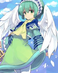 Rule 34 | 1girl, angel wings, blush, cloud, day, green eyes, green hair, highres, looking at viewer, luminous arc, luminous arc 2, normaland, sadie, scarf, sky, smile, solo, wings