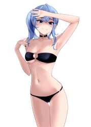Rule 34 | 1girl, absurdres, arm up, armpits, bikini, black bikini, black choker, black nails, blue eyes, blue hair, breasts, choker, collarbone, cowboy shot, gluteal fold, high side ponytail, highres, hololive, hoshimachi suisei, hynowori, long hair, looking at viewer, navel, o-ring, o-ring bikini, open hand, simple background, small breasts, solo, star (symbol), star in eye, stomach, swimsuit, symbol in eye, thigh gap, virtual youtuber, white background