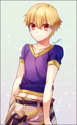 Rule 34 | 1boy, aged down, blonde hair, cargo shorts, child, child gilgamesh (fate), cowboy shot, fate/grand order, fate/hollow ataraxia, fate (series), gilgamesh (fate), looking at viewer, male focus, midriff, red eyes, shirt, shorts, signature, smile, solo, tenkuu sphere