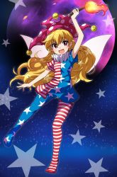 Rule 34 | 1girl, absurdres, american flag dress, american flag legwear, arm up, blonde hair, clownpiece, dress, fairy wings, fang, fire, full body, full moon, hat, highres, holding, holding torch, jester cap, long hair, looking at viewer, moon, neck ruff, open mouth, pantyhose, pink hat, polka dot, red eyes, short dress, short sleeves, sky, smile, solo, star-shaped pupils, star (sky), star (symbol), star print, starry sky, striped, symbol-shaped pupils, tokiani, torch, touhou, very long hair, wings