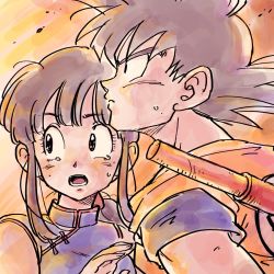 Rule 34 | 1boy, 1girl, black eyes, black hair, chi-chi (dragon ball), chinese clothes, close-up, clothes writing, commentary request, couple, crying, crying with eyes open, d:, dragon ball, dragon ball (classic), eyelashes, frown, hand up, hetero, highres, looking away, looking up, ruyi jingu bang, open mouth, ponytail, profile, serious, short hair, son goku, spiked hair, tears, teeth, tkgsize, upper body, wind, wind lift