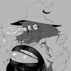 Rule 34 | 1boy, 1girl, absurdres, big hair, black bodysuit, bodysuit, breasts, cape, covered mouth, creatures (company), eigaka, erection, from side, game freak, glasses, grey background, greyscale, half-closed eye, hat, hex maniac (pokemon), high collar, highres, large breasts, large penis, long hair, looking away, messy hair, monochrome, nintendo, nipples, npc trainer, opaque glasses, out of frame, partially opaque glasses, penis, pokemon, pokemon rse, red eyes, rimless eyewear, ringed eyes, round eyewear, simple background, skin tight, solo focus, testicles, torn bodysuit, torn clothes, uncensored, upper body, veins, veiny penis, witch hat