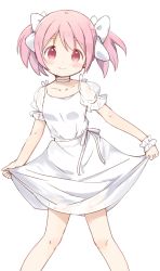 Rule 34 | 1girl, alternate costume, arms at sides, bare legs, blush, breasts, choker, closed mouth, collarbone, dot nose, dress, eyes visible through hair, feet out of frame, frilled sleeves, frills, hair between eyes, hair ribbon, happy, highres, jewelry, kaname madoka, legs apart, looking at viewer, mahou shoujo madoka magica, mahou shoujo madoka magica (anime), pink eyes, pink hair, puffy short sleeves, puffy sleeves, ribbon, ring, see-through, see-through sleeves, shaded face, short dress, short sleeves, short twintails, sidelocks, simple background, skirt hold, small breasts, smile, solo, standing, tsubaki (tatajd), twintails, white background, white choker, white dress, white neckwear, white ribbon, wrist cuffs