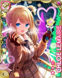 Rule 34 | 1girl, black thighhighs, blonde hair, blue bow, blue eyes, bow, brown coat, brown dress, card (medium), character name, chloe lemaire, coat, dress, full moon, girlfriend (kari), heart, lights, long hair, moon, night, official art, open mouth, outdoors, qp:flapper, smile, solo, standing, tagme, thighhighs, toy, tree, wand, winter clothes, winter coat