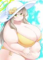 Rule 34 | 1girl, abstract background, absurdres, belly, belly grab, bifizu&#039;s gold, big belly, bikini, blue archive, blue background, blush, breasts, cleavage, collarbone, cowboy shot, fat, flower, green eyes, hair between eyes, halo, hat, hat flower, highres, huge breasts, light brown hair, long hair, looking at viewer, navel, nonomi (blue archive), nonomi (swimsuit) (blue archive), official alternate costume, plump, side-tie bikini bottom, skindentation, solo, stomach, swimsuit, tareme, thick arms, thick thighs, thighs, white background, white hat, yellow bikini