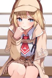 Rule 34 | 1girl, absurdres, blonde hair, blue eyes, blush, brown capelet, brown hat, brown jacket, brown skirt, capelet, closed mouth, collared shirt, commentary, deerstalker, feet out of frame, hand up, hat, highres, hololive, hololive english, jacket, long sleeves, looking at viewer, necktie, open clothes, open jacket, plaid, plaid skirt, pleated skirt, racchi., red necktie, shirt, short necktie, sitting, skirt, solo, stethoscope, virtual youtuber, watson amelia, white shirt