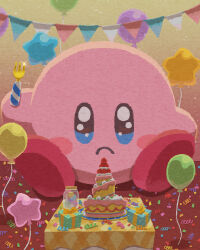 Rule 34 | balloon, birthday, birthday cake, blue eyes, cake, closed mouth, emoji, food, fork, highres, holding, holding fork, indoors, kirby, kirby&#039;s dream buffet, kirby (series), looking at viewer, miclot, nintendo, no humans, pink footwear, pleading face emoji, sad, shoes, sitting, sparkling eyes, star balloon, string of flags, table