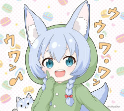 Rule 34 | 1girl, :d, animal, animal ear fluff, animal ears, blue eyes, blue hair, bow, braid, commentary request, hair bow, hand up, hood, hood up, index finger raised, koyomi (shironeko project), long hair, looking at viewer, low twintails, mitya, onesie, open mouth, outline, polka dot, polka dot background, red bow, round teeth, shironeko project, short eyebrows, smile, tail, tarou (shironeko project), teeth, thick eyebrows, translation request, twin braids, twintails, twitter username, upper body, upper teeth only, white background, white outline, wolf, wolf ears, wolf girl, wolf tail
