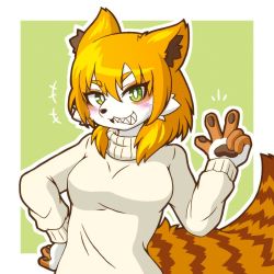 Rule 34 | 1girl, acky05 wolf, furry, furry female, green eyes, grin, open mouth, orange hair, short hair, smile, solo, sweater