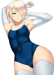 Rule 34 | 1girl, aqua eyes, armpits, arms up, blonde hair, bridal gauntlets, cameltoe, character request, competition school swimsuit, covered erect nipples, covered navel, derivative work, fingerless gloves, flat chest, gloves, green eyes, hair over one eye, highres, looking at viewer, one-piece swimsuit, original, pout, school swimsuit, shiny clothes, short hair, simple background, skin tight, solo, swimsuit, thighhighs, thighs, toned, white background, white thighhighs, zonda (solid air)