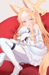 Rule 34 | 1girl, absurdres, animal ear fluff, animal ears, ass, bare shoulders, blonde hair, blue archive, blush, detached sleeves, dress, fox ears, heimu (heim kstr), highres, long hair, looking at viewer, open mouth, pantyhose, seia (blue archive), sleeves past fingers, sleeves past wrists, smile, solo, striped clothes, striped pantyhose, vertical-striped clothes, vertical-striped pantyhose, white dress, white pantyhose, white sleeves, yellow eyes