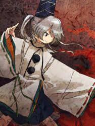 Rule 34 | 1girl, abstract background, archer pose, black eyes, blue hat, blue skirt, cowboy shot, dress, flat chest, floating hair, frilled skirt, frills, from side, grey hair, hat, japanese clothes, kariginu, looking to the side, medium hair, mononobe no futo, pom pom (clothes), ponytail, retrochaossan, ribbon-trimmed sleeves, ribbon trim, skirt, smile, tate eboshi, touhou, white dress, wide sleeves