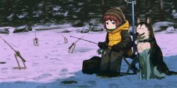 Rule 34 | 1girl, animal, aqua collar, beanie, black footwear, black gloves, blue eyes, bright pupils, brown hair, brown hat, closed mouth, commentary request, dog, dog request, drill, fish, fishing, fishing rod, folding stool, frozen lake, gloves, grey pants, grey sleeves, hat, highres, holding, holding animal, holding fish, hole, hood, hood down, hooded jacket, hoplitx, ice fishing, jacket, knit hat, nature, original, outdoors, pants, rock, sitting, snow, solo, tree, white pupils, wide shot, winter, winter clothes, yellow jacket