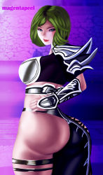 Rule 34 | 1girl, absurdres, armor, ass, blue eyes, green eyes, green hair, highres, huge ass, looking at viewer, magentapeel, thick thighs, thighs