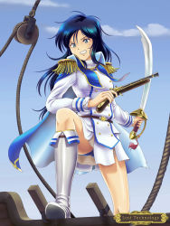 Rule 34 | 1girl, bad id, bad pixiv id, belt, blue cape, blue eyes, blue hair, blue panties, blue sky, boots, brown belt, cape, character request, clenched teeth, cloud, day, dress, floating hair, gun, holding, holding gun, holding sword, holding weapon, knee boots, long hair, outdoors, panties, pantyshot, pirate, pulley, saber (weapon), shiny footwear, shiny skin, short dress, sky, solo, standing, sword, tamanegiinyo, teeth, underwear, weapon, white dress, white footwear