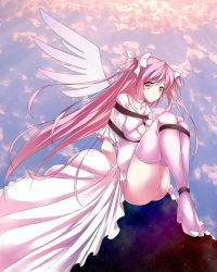 Rule 34 | 10s, 1girl, bdsm, bondage, boots, bound, bound ankles, bound legs, bow, breasts, cleavage, dress, hair bow, highres, kaname madoka, long hair, long skirt, magical girl, mahou shoujo madoka magica, mahou shoujo madoka magica (anime), maullarmaullar, pink footwear, skirt, solo, thighhighs, twintails, two side up, ultimate madoka, wings, yellow eyes