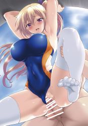 Rule 34 | 1boy, 1girl, armpits, arms up, blonde hair, blush, breasts, censored, clothing aside, commentary request, competition swimsuit, covered navel, eyebrows, feet, from below, gradient hair, hair between eyes, hair ribbon, hetero, highleg, highleg swimsuit, kawakami mai, large breasts, leg grab, long hair, mole, mole on thigh, mole under eye, multicolored hair, musaigen no phantom world, nipples, no shoes, one-piece swimsuit, open mouth, penis, pink hair, purple eyes, ribbon, rohgun, sex, side ponytail, solo focus, swimsuit, swimsuit aside, thighhighs, toe scrunch, toes, vaginal, white thighhighs, x-ray