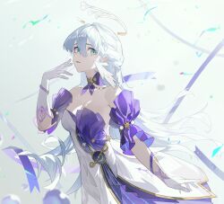 Rule 34 | 1girl, bare shoulders, bracelet, breasts, cleavage, collar, commentary, cowboy shot, dress, english commentary, gloves, green eyes, halo, hand up, head wings, highres, honkai: star rail, honkai (series), jewelry, lettereast, long hair, looking at viewer, open mouth, pearl bracelet, purple collar, purple dress, purple sleeves, revision, robin (honkai: star rail), sideways glance, solo, strapless, strapless dress, very long hair, white dress, white gloves, white hair, wings