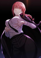 Rule 34 | 1girl, black background, black necktie, black pants, braid, braided ponytail, breasts, chainsaw man, coat, collared shirt, formal, gradient background, highres, long coat, long hair, long sleeves, looking at viewer, makima (chainsaw man), medium breasts, necktie, office lady, pants, red hair, ringed eyes, shirt, smile, solo, star (symbol), starry background, suit, white shirt, yellow eyes, zaregoto tsukai no deshi