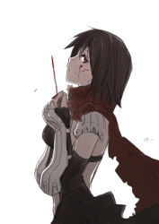 Rule 34 | 1girl, armor, assassin cross (ragnarok online), black cape, black gloves, black hair, black leotard, blood, blood on face, blood on hands, bloody weapon, cape, closed mouth, commentary request, cowboy shot, dagger, elbow gloves, fingerless gloves, gloves, holding, holding dagger, holding knife, holding weapon, ice pick, kainohito, knife, leotard, looking at viewer, looking to the side, pauldrons, ragnarok online, red eyes, red scarf, scarf, short hair, shoulder armor, simple background, solo, torn cape, torn clothes, torn scarf, vambraces, waist cape, weapon, white background