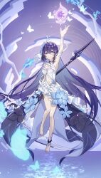 Rule 34 | 1girl, animal, arm up, armpits, barefoot, blue butterfly, blue flower, bug, butterfly, chest tattoo, closed mouth, flower, full body, hair between eyes, hair flower, hair ornament, highres, holding, holding scythe, holding weapon, honkai (series), honkai impact 3rd, insect, ktm huna, long hair, navel, open hand, scythe, seele vollerei, seele vollerei (herrscher of rebirth), smile, solo, tattoo, very long hair, weapon, white butterfly, white headwear