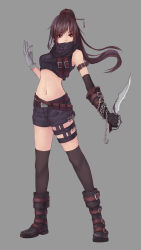 Rule 34 | 1girl, bad id, bad pixiv id, belt, black gloves, black shorts, black thighhighs, brown hair, catsmoon, chain, gloves, grey background, grey gloves, hair ornament, highres, holding, holding weapon, long hair, navel, original, ponytail, red eyes, scarf, scarf over mouth, shorts, simple background, solo, thighhighs, weapon