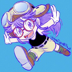 Rule 34 | 1girl, ariga hitoshi, belt, blue background, commentary request, dr. slump, eyelashes, full body, gloves, goggles, goggles on head, highres, long hair, norimaki arale, open mouth, outstretched arms, purple eyes, purple hair, red-framed eyewear, simple background, smile, solo, teeth, white gloves