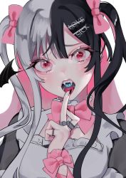 Rule 34 | 1girl, apron, black hair, black nails, bow, bowtie, colored inner hair, commentary request, eyelashes, fangs, frilled apron, frills, genkaiiti, grey apron, grey hair, hair bow, hair ornament, hairclip, hand up, highres, jewelry, long hair, looking at viewer, middle finger, multicolored hair, nail polish, original, pink bow, pink bowtie, pink eyes, ring, short sleeves, solo, teeth, tongue, twintails, vampire