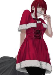 Rule 34 | 1girl, capelet, chainsaw man, cross-laced clothes, cross-laced dress, dress, fake facial hair, fake mustache, fur-trimmed capelet, fur-trimmed dress, fur trim, highres, holding, holding mustache, holding sack, looking to the side, makima (chainsaw man), medium hair, red capelet, red dress, red hair, ringed eyes, sack, santa dress, sidelocks, simple background, solo, stargazypie u, thighs, white background, yellow eyes