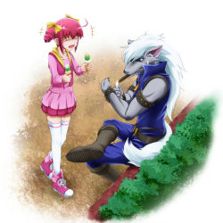Rule 34 | 10s, 1boy, 1girl, boots, cigar, clenched teeth, closed eyes, crossed legs, dress, embarrassed, food, full body, furry, furry male, hoshizora miyuki, ice cream, long hair, pants, pink dress, pink hair, pink skirt, precure, shirt, shoes, short hair, short twintails, sitting, skirt, smile, smile precure!, suzume no kimochi, sweatdrop, tail, teeth, thighhighs, twintails, vest, werewolf, white hair, white thighhighs, wolf tail, wolfrun, zettai ryouiki