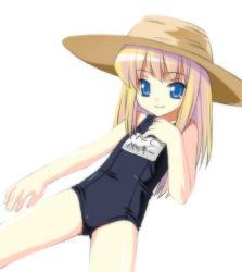 Rule 34 | 00s, 1girl, black one-piece swimsuit, hat, name tag, one-piece swimsuit, pani poni dash!, rebecca miyamoto, school swimsuit, simple background, solo, straw hat, swimsuit, umekichi, white background