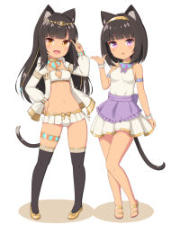 Rule 34 | 2girls, :d, animal ears, anklet, armlet, bandeau, bare legs, black hair, black legwear, cat ears, cat girl, cat tail, collar, dress, flats, full body, hairband, hand on own hip, hand up, headdress, hood, hood down, hooded jacket, jacket, jewelry, long hair, long sleeves, looking at viewer, microskirt, midriff, multiple girls, navel, open clothes, open jacket, open mouth, orange eyes, original, parted lips, pleated skirt, purple eyes, sasaame, short hair, simple background, skirt, sleeveless, sleeveless dress, smile, tail, thighhighs, usekh collar, v, white background, white dress, white jacket, white skirt