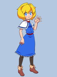Rule 34 | 1girl, alice margatroid, animated, animated gif, black pantyhose, blinking, blonde hair, blue dress, blue eyes, blush, boots, breasts, brown footwear, capelet, closed mouth, commentary request, cookie (touhou), dress, fold-over boots, frilled capelet, frilled dress, frills, full body, looking at viewer, looping animation, pantyhose, red sash, sash, shitsumin, shoes, short hair, simple background, small breasts, smile, solo, standing, touhou, waving, web (cookie), white capelet