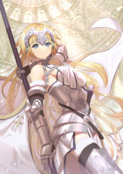 Rule 34 | 1girl, armor, armored dress, bare shoulders, blonde hair, breasts, chain, dress, fate/grand order, fate (series), flag, highres, holding, holding flag, jeanne d&#039;arc (fate), jeanne d&#039;arc (ruler) (fate), jeanne d&#039;arc (third ascension) (fate), kagayaku (mottokrkr), long hair, looking at viewer, smile, solo, thighhighs, very long hair, weapon, white dress, yellow eyes
