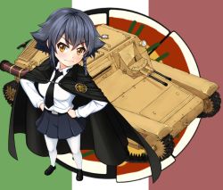 Rule 34 | 10s, 1girl, anzio (emblem), anzio school uniform, belt, black belt, black cape, black footwear, black hair, black skirt, braid, brown eyes, cape, carro veloce cv-33, closed eyes, commentary request, dress shirt, emblem, flag background, full body, girls und panzer, hands on own hips, italian flag, loafers, long sleeves, looking at viewer, military, military vehicle, miniskirt, motor vehicle, pantyhose, pepperoni (girls und panzer), pleated skirt, ruka (piyopiyopu), school uniform, shirt, shoes, short hair, side braid, skirt, smirk, solo, standing, tank, v-shaped eyebrows, white pantyhose, white shirt