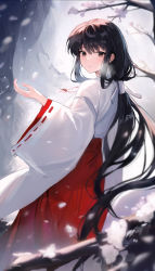 Rule 34 | 1girl, absurdres, bare tree, black hair, blush, brown eyes, closed mouth, day, feet out of frame, from behind, hakama, hand up, highres, inuyasha, japanese clothes, kikyou (inuyasha), kimono, long hair, long sleeves, looking at viewer, looking back, outdoors, red hakama, ribbon-trimmed sleeves, ribbon trim, shanguier, snow, snowing, solo, standing, tree, very long hair, white kimono, wide sleeves, winter