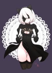Rule 34 | 1girl, 2b (nier:automata), animal ears, black dress, black thighhighs, blindfold, breasts, cleavage, cleavage cutout, clothing cutout, covered eyes, cropped legs, dress, fake animal ears, gloves, leotard, nier:automata, nier (series), panties, pantyshot, short hair, solo, standing, thighhighs, turtleneck, turtleneck dress, two-sided fabric, two-sided skirt, underwear, weshika, white hair, white leotard