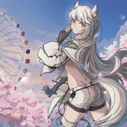 Rule 34 | 1girl, animal ear fluff, animal ears, arknights, ass, back, belt, black gloves, blue sky, cherry blossoms, chinese commentary, closed mouth, cloud, cloudy sky, cowboy shot, day, ferris wheel, finger to mouth, gloves, highres, holding, horse ears, horse girl, horse tail, index finger raised, jacket, long hair, looking at viewer, midriff, orange eyes, outdoors, platinum (arknights), ponytail, short shorts, shorts, silver hair, sky, smile, solo, tail, thighhighs, thighs, ticket, tree, umie (iowae), white belt, white jacket, white shorts, zettai ryouiki, zipper