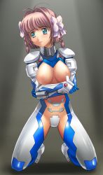 Rule 34 | 00s, 1girl, a1 (initial-g), absurdres, blush, bodysuit, braid, breast hold, breasts, brown hair, c-string, green eyes, highres, kimi ga nozomu eien, large breasts, maebari, muv-luv, nipples, pilot suit, revealing clothes, see-through, see-through bodysuit, short hair, simple background, solo, strapless bottom, suzumiya haruka, topless, twin braids