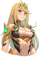 Rule 34 | 1girl, bare shoulders, blonde hair, breasts, chest jewel, cleavage, cleavage cutout, clothing cutout, dress, gem, headpiece, hungry clicker, large breasts, long hair, mythra (xenoblade), short dress, solo, swept bangs, tiara, very long hair, white dress, xenoblade chronicles (series), xenoblade chronicles 2, yellow eyes