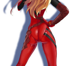 Rule 34 | 1girl, ass, ass focus, back, bodysuit, breasts, brown hair, evangelion: 3.0 you can (not) redo, evolutionary line, hair ornament, hand on own hip, highres, long hair, medium breasts, mrnn, neon genesis evangelion, plugsuit, rebuild of evangelion, red bodysuit, simple background, skin tight, solo, souryuu asuka langley, very long hair, white background