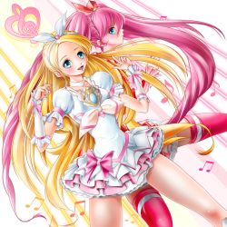 Rule 34 | 10s, 2girls, beamed quavers, blonde hair, blue eyes, bow, choker, cure melody, cure rhythm, dutch angle, highres, houjou hibiki, long hair, magical girl, miharin, minamino kanade, multiple girls, musical note, pink bow, pink hair, precure, quaver, suite precure, thighhighs, twintails, white choker